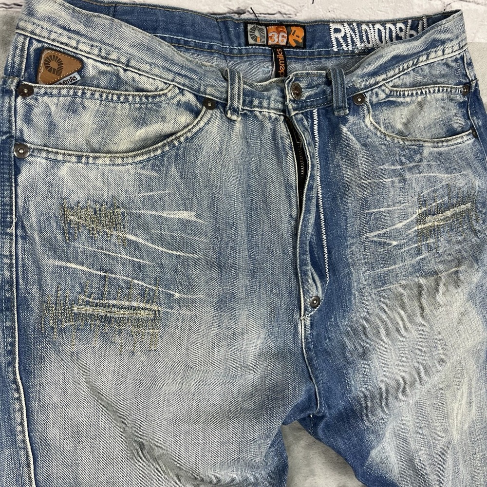Vintage 90s Y2K Akademiks Denim Jeans Embroidered Skater Baggy Wide Leg Sz 36